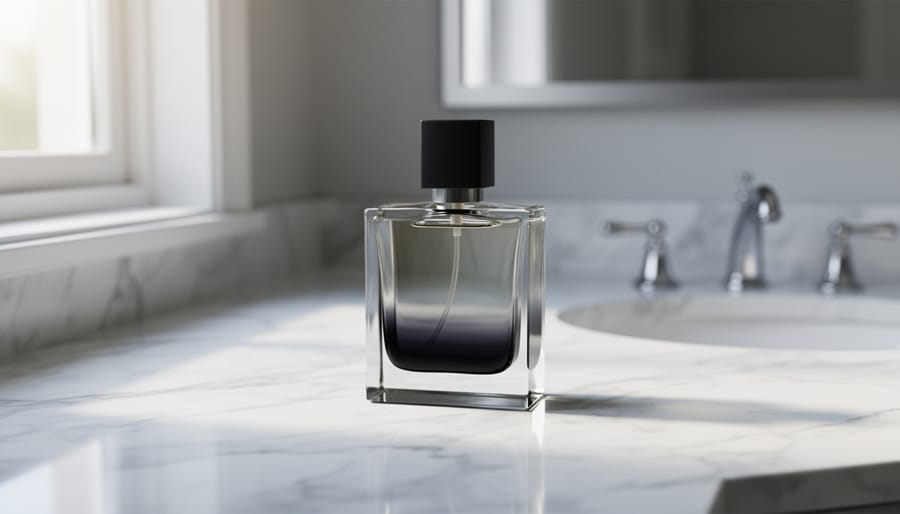 Luxury perfume bottle and atomizer on a marble vanity with soft warm lighting