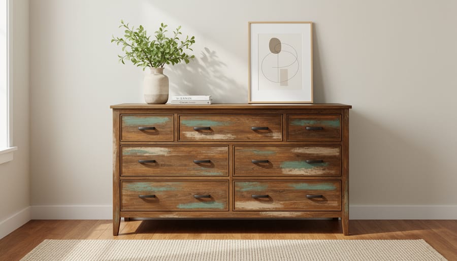 Styled upcycled dresser with updated brass hardware in a bright room