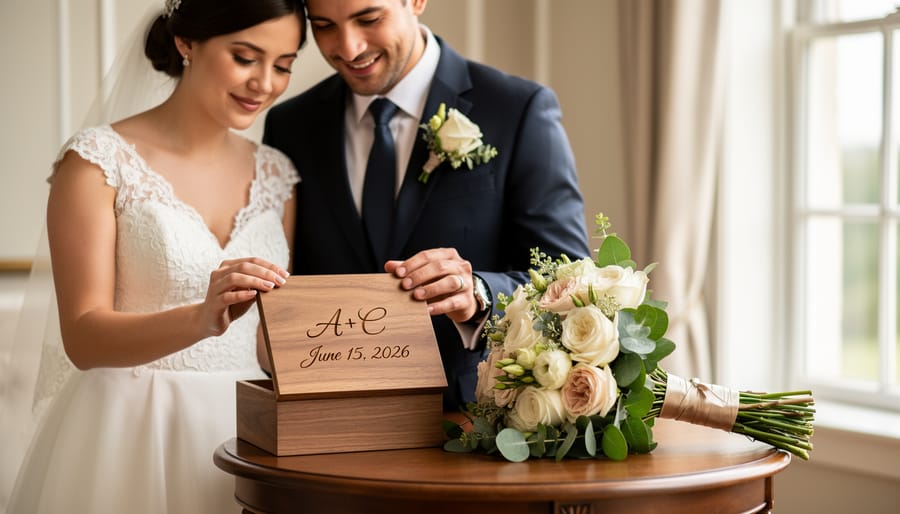 Newlywed couple holding an engraved wooden keepsake box and wedding bouquet