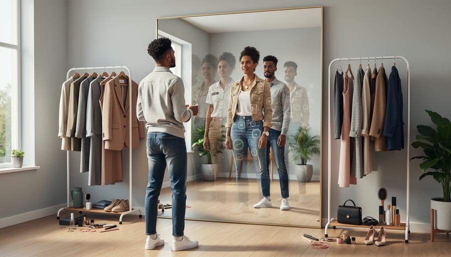 Woman choosing between outfits in a softly lit closet while looking into a full-length mirror