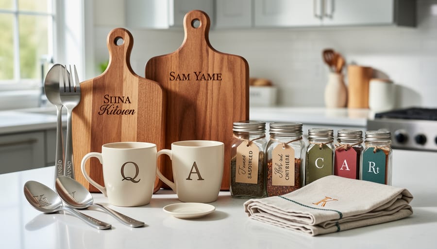Engraved cutting board, monogrammed linen napkins, and personalized-looking ceramic mug on a kitchen tabletop