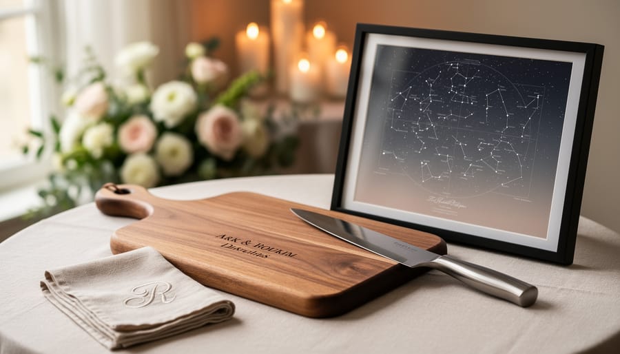 Close-up of personalized wedding gifts on a styled table, including an engraved walnut cutting board, a framed star map, and neatly folded monogrammed linen.