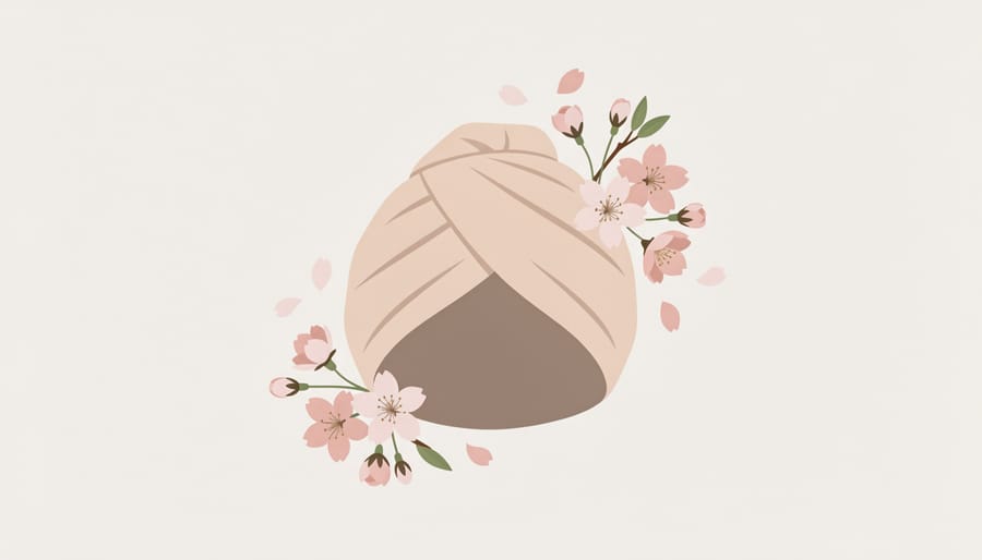 Hands holding a sakura blossom with a folded head wrap on a clean mirror in a bright bathroom vanity setting.