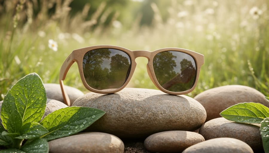 Sustainable sunglasses resting on natural wood next to a small plant