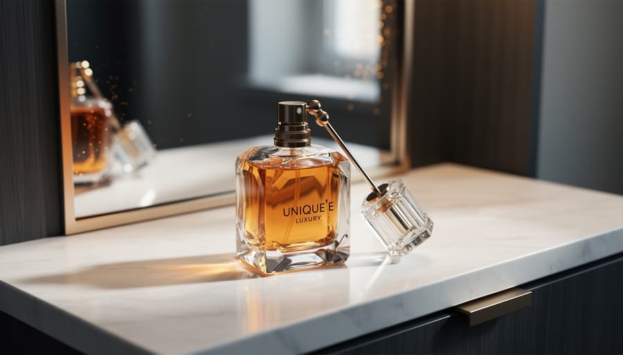 Luxury perfume bottle and atomizer on a marble vanity with soft warm lighting and blurred elegant vanity background.