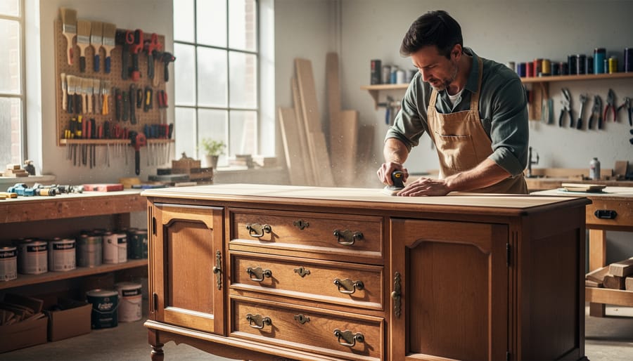 Woman priming a mid-century wooden sideboard in a bright upcycling workshop