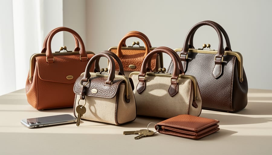 Vintage-inspired mini bags on a thrift-store bench with visible hardware and stitching