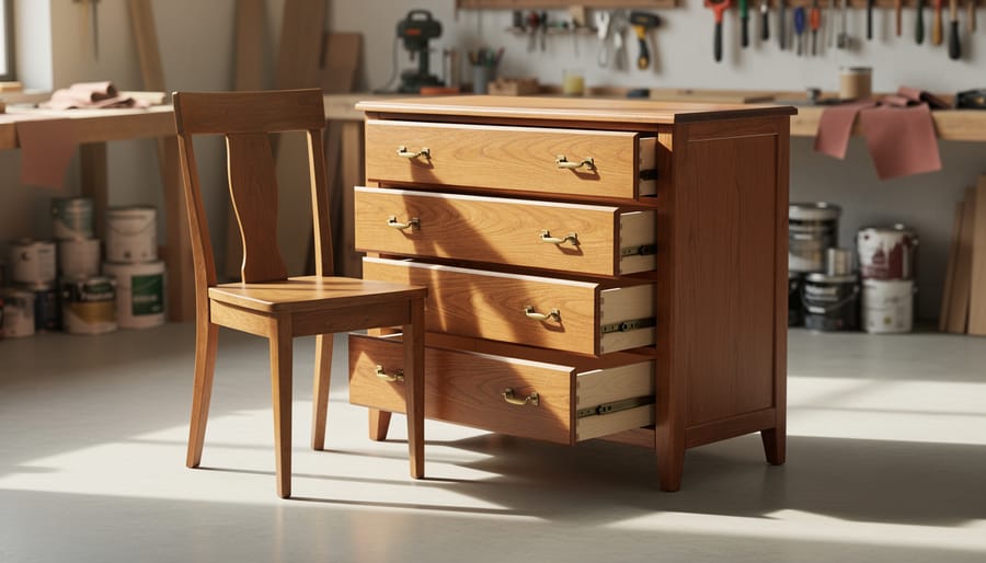 A restored vintage wooden dresser and chair in a workshop, showing fresh paint sheen and neatly arranged brass hardware with blurred refinishing tools in the background.