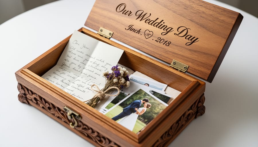 Open walnut wedding keepsake box with rolled photos and decorative card on a desk