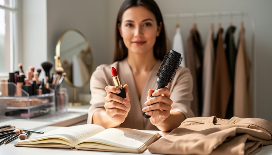 Woman holding a bold red lipstick and styling brush at a softly lit vanity with a notebook and wardrobe items nearby, symbolizing mindful decision-making.