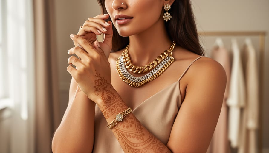Close-up of a model’s hands and upper torso wearing layered necklaces, earrings, bracelets, and subtle henna-like wrist adornment.