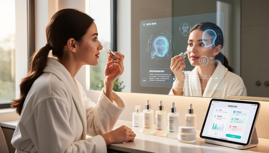 Woman applying skincare serum at a vanity with a mirror reflecting a soft futuristic glow