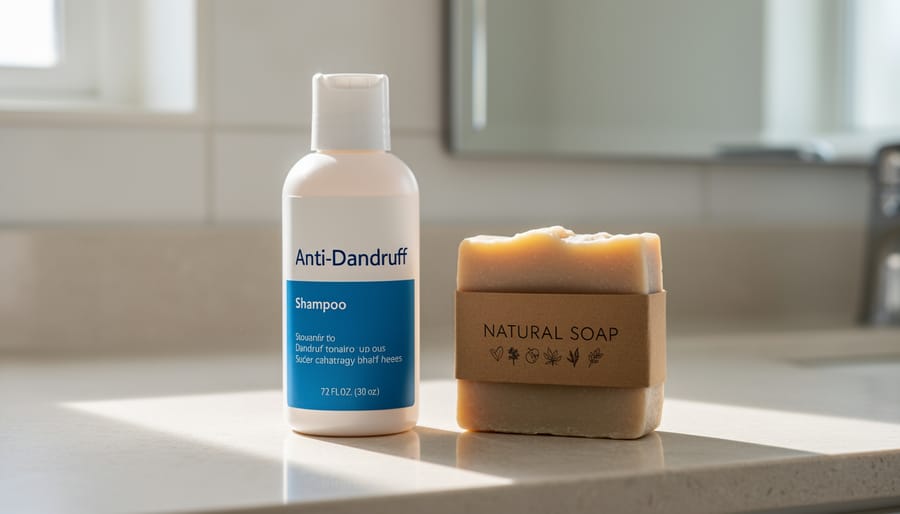 Anti-dandruff shampoo bottle and handmade natural soap bar placed on a clean bathroom countertop