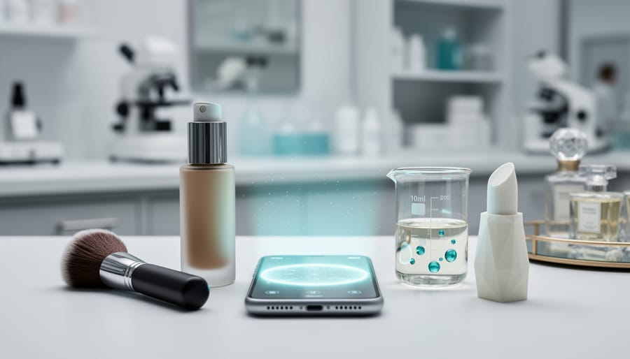 “Modern beauty innovation scene showing a foundation bottle and makeup brush beside a holographic smartphone-like device and biotech lab elements on a vanity tabletop.”
