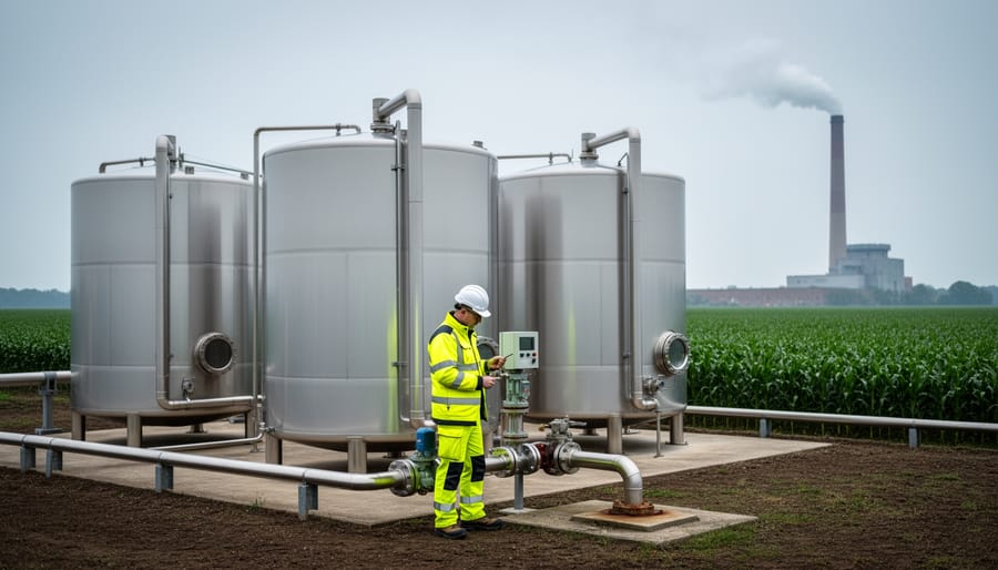 Stainless biogas digester tanks with faint steam near a textile mill, set against green crop fields and an industrial worker in the foreground.