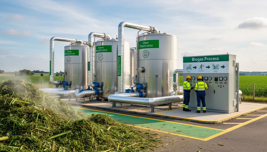 Biogas facility with large round digester tank and organic waste feed area in the background.