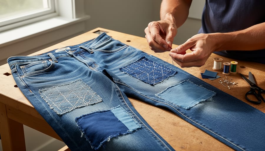 Close-up of a denim jacket with visible mended stitching and repair tools nearby