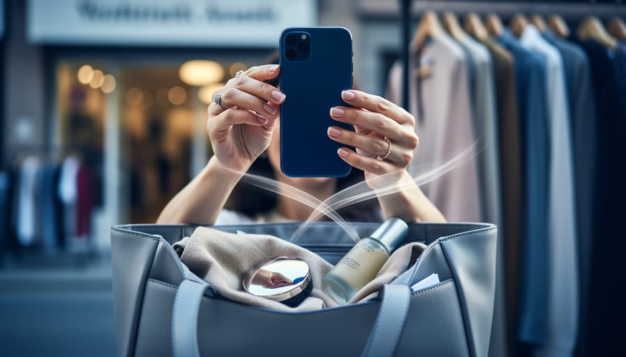 Hands holding a smartphone above a tote bag with beauty and fashion items, with subtle light streaks suggesting a digital data trail.