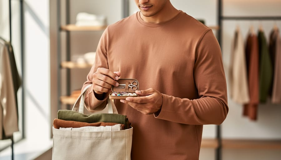 A model in natural-fiber clothing holding a garment repair kit and a reusable tote with folded garments in a softly lit boutique setting.