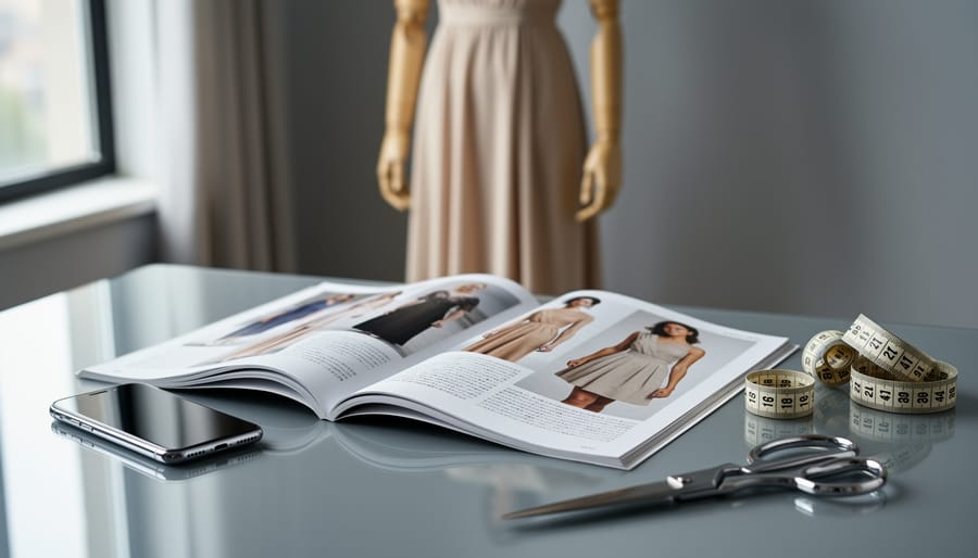 An open fashion magazine next to a smartphone and tailoring tools, with a mannequin wearing a dress softly blurred in the background.