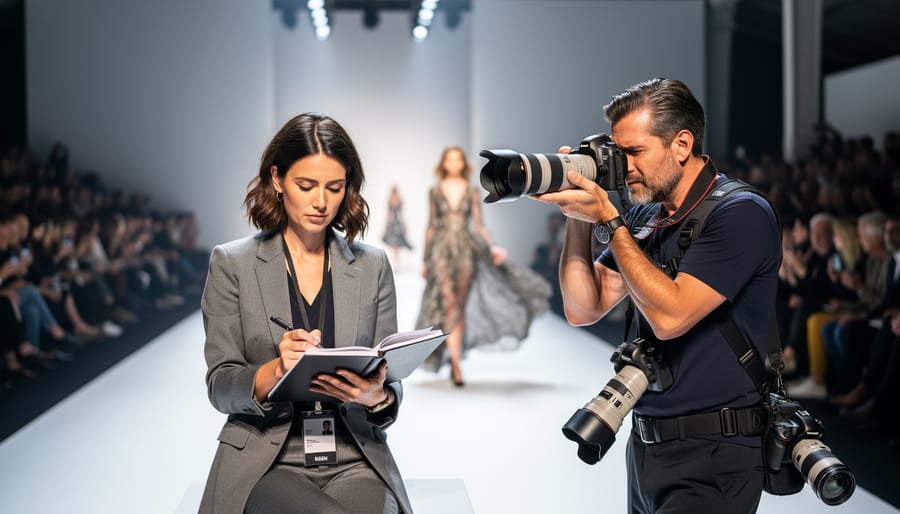 A fashion journalist taking notes next to a photographer at a runway show