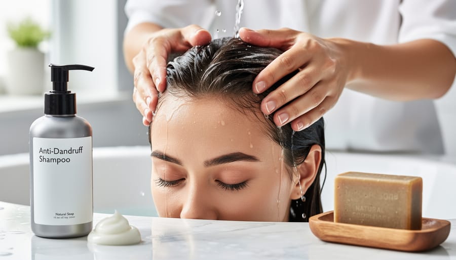 Person massaging shampoo into their scalp with fingertips during hair washing