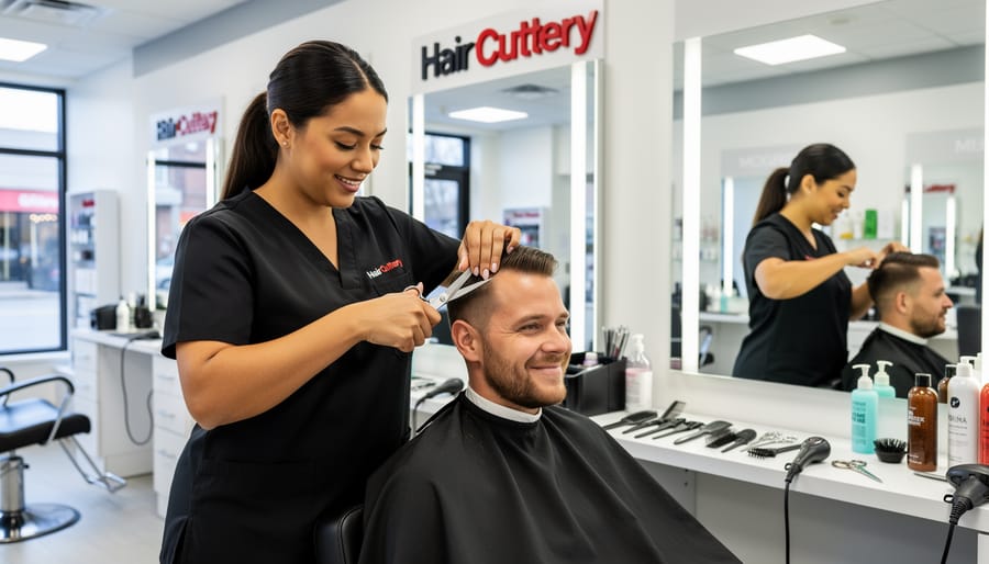 Close-up of a stylist trimming a client’s hair with scissors and comb at a salon station