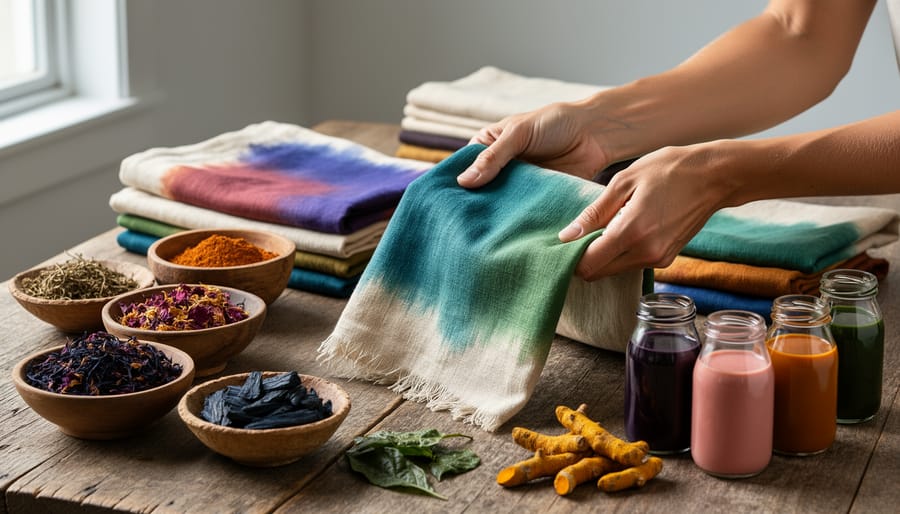 Artist’s hands stirring a natural dye mixture in a ceramic pot with plant materials