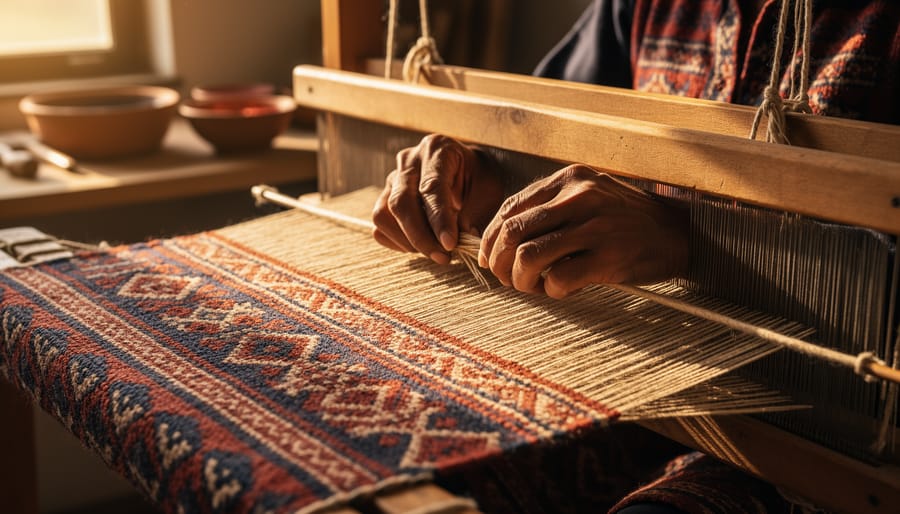 An artisan’s hands weaving a patterned Native American textile on a wooden loom, with natural fibers and warm golden light emphasizing thread texture.