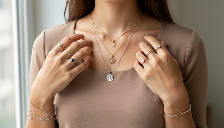 Close-up of a model wearing layered gold jewelry including hoop earrings, a necklace, bracelets, and a ring.