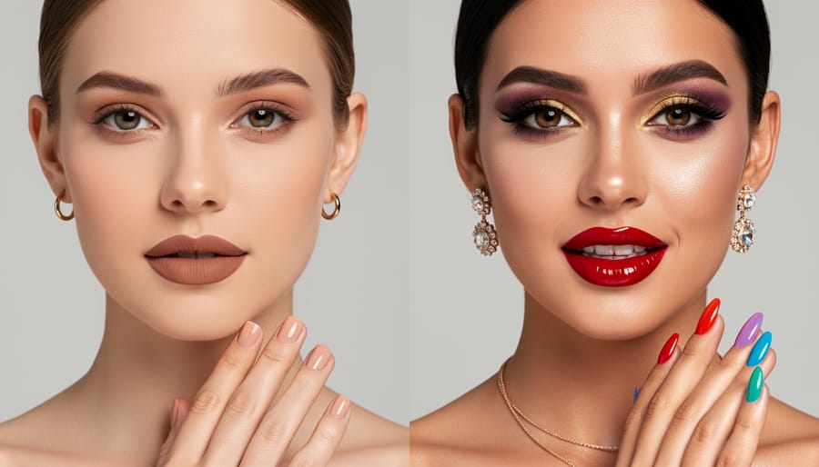 Close-up of hands applying lipstick with a makeup compact on a softly lit vanity.