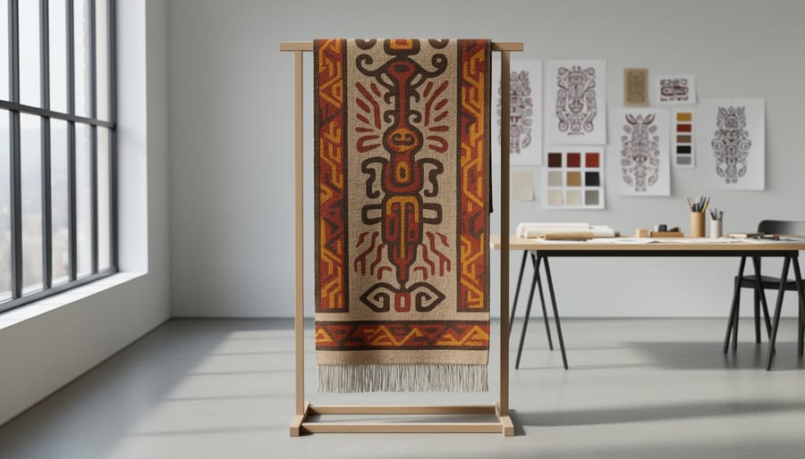 Native textile artisan draping a patterned woven textile over a dress form in a modern workshop