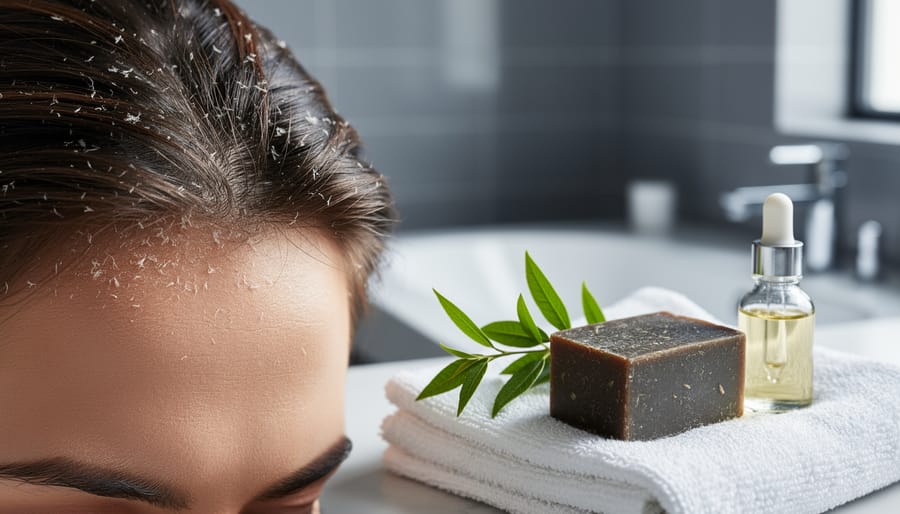 Close-up of the hairline and scalp with subtle flakes, alongside a natural soap bar and tea tree leaves on a clean towel.