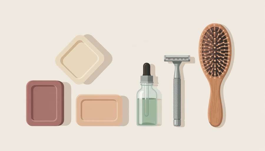 Solid skincare bars in kraft paper wraps beside a metal tin on a clean skincare counter
