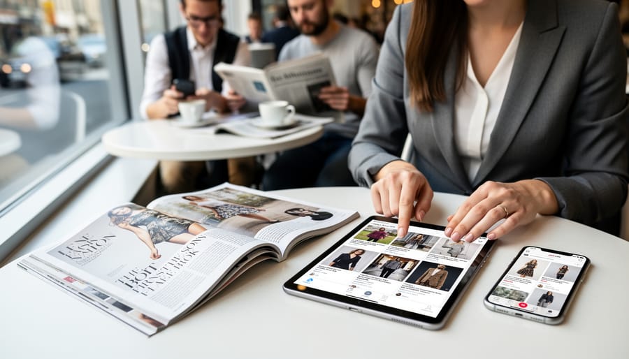 Printed fashion magazine and smartphone on a coffee table with eyeglasses and a stylus