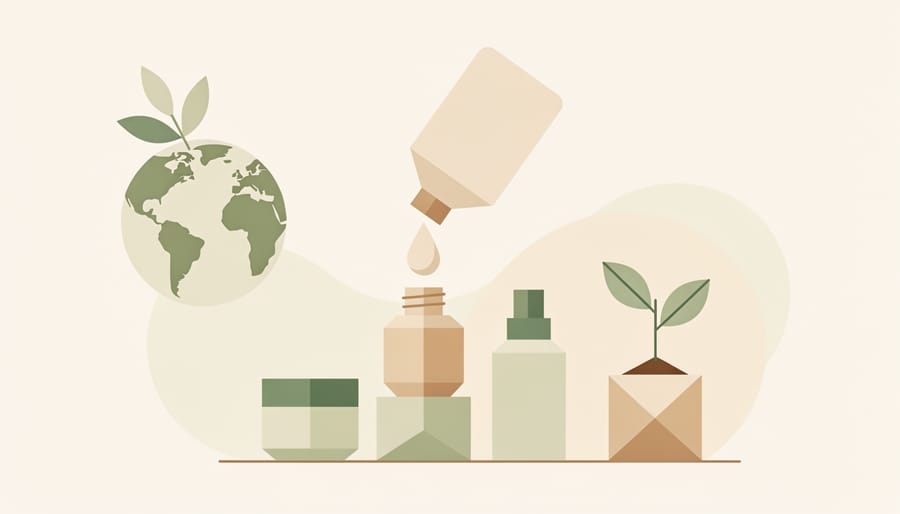 Refillable glass skincare bottle with recyclable packaging and green botanical sprig on a stone surface