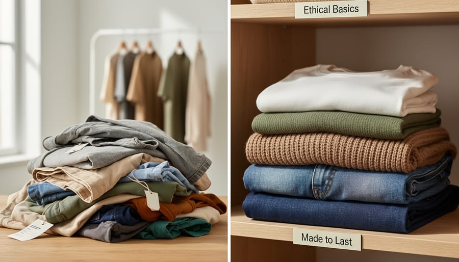 Hand holding an organic cotton T-shirt next to a stack of returned clothing on a wooden table