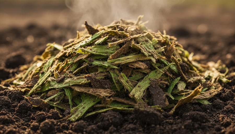 Close-up of dark, decomposing plant fibers in a metal bin resembling organic feedstock for biogas.
