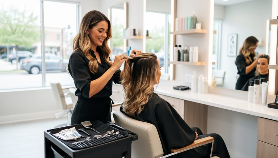 Stylist applying balayage color foil work at a modern salon station with tools and mirrors in the background