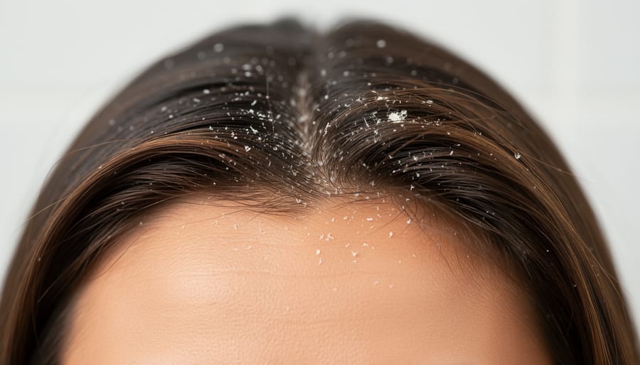 Close-up of a person parting damp hair to reveal scalp flakes near the hairline during washing