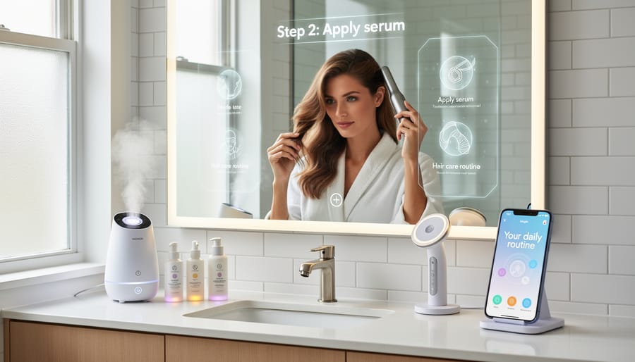 Smart LED skincare device and skincare bottle on a bathroom countertop