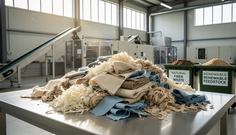 Natural fiber fabric scraps collected in a textile workshop beside industrial containers with a worker in the background.