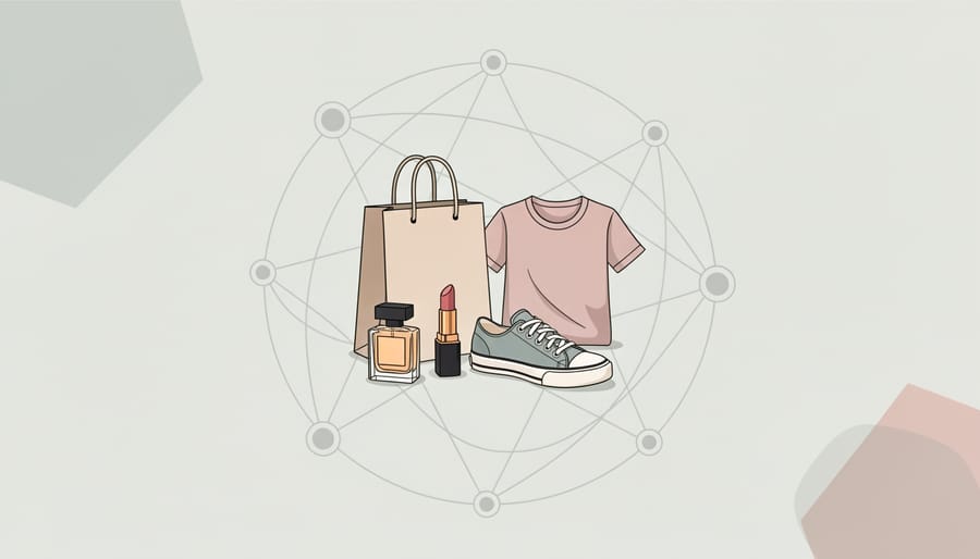 Fashion and beauty items on a wooden table surrounded by translucent web-like threads symbolizing digital connections.
