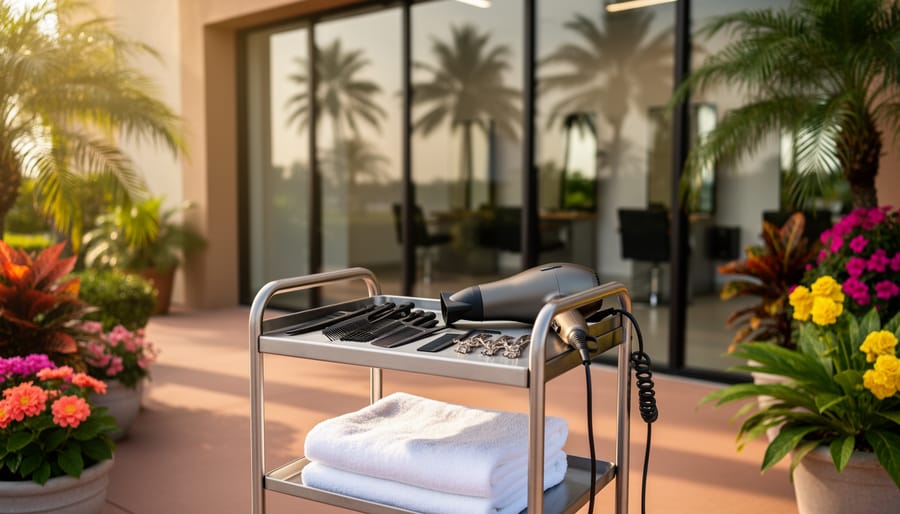 Hair styling tools and accessories on a patio table with palm greenery and a blurred salon storefront in the background, evoking Winter Garden, Florida’s local salon vibe.