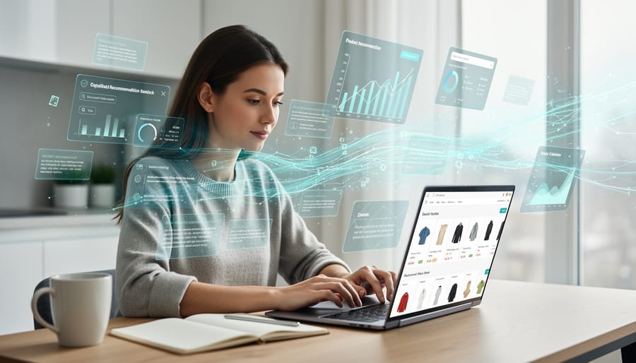 Woman using a smartphone and laptop in a home workspace, suggesting online shopping activity without visible text.