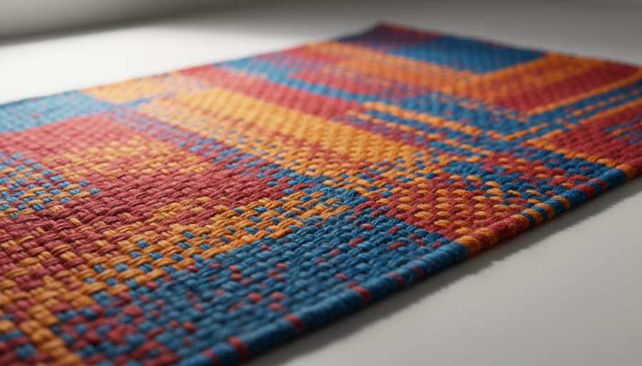 Woven Native American textile displayed on a wooden floor with wool yarn nearby