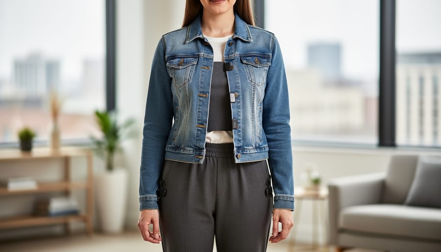 Model wearing modern adaptive clothing with magnetic closures and an easy-access back design, photographed in soft natural light with a blurred background.
