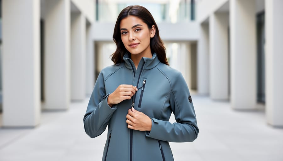 Model wearing a modern adaptive jacket with a side opening and easy-access closure in a bright studio