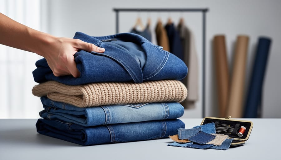 Close-up wardrobe scene showing mixed garments, fabric mending patches, and repair tools on a clean surface with softly blurred clothing elements in the background.