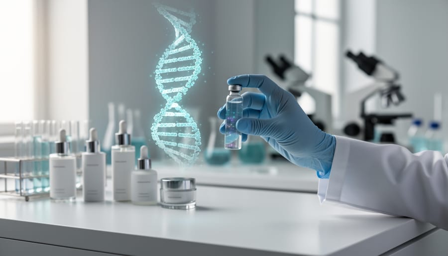 Gloved hand holding a vial in a modern lab next to skincare products, with a subtle glowing DNA helix hologram representing CRISPR-based cosmetic enhancement research.